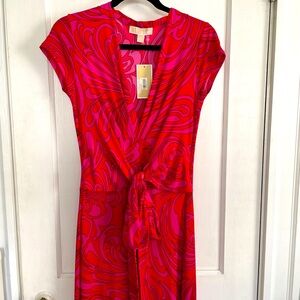 NWT Michael Kors high low dress size 2, pink v neck paisley, faux wrap